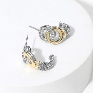 14KGP TWO TONE CZ STONE PAVE MINI HOOP EARRINGS